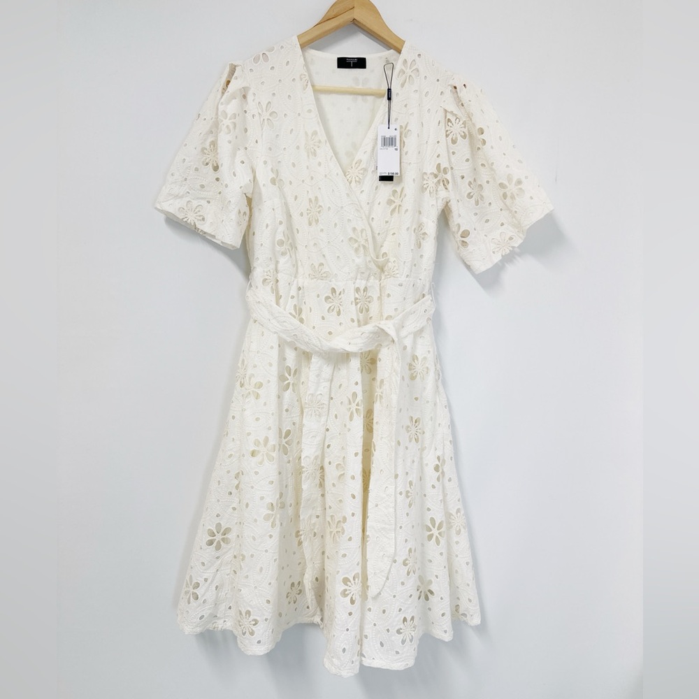 T TAHARI Women’s Eylet printed Faux Wrap Tie Waist Fit&Flare Dress Ivory Size 10